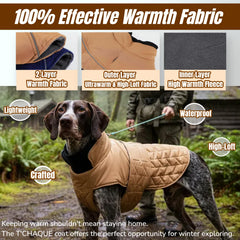 T'CHAQUE leash portal coat design enables quick harness attachment on hikes.