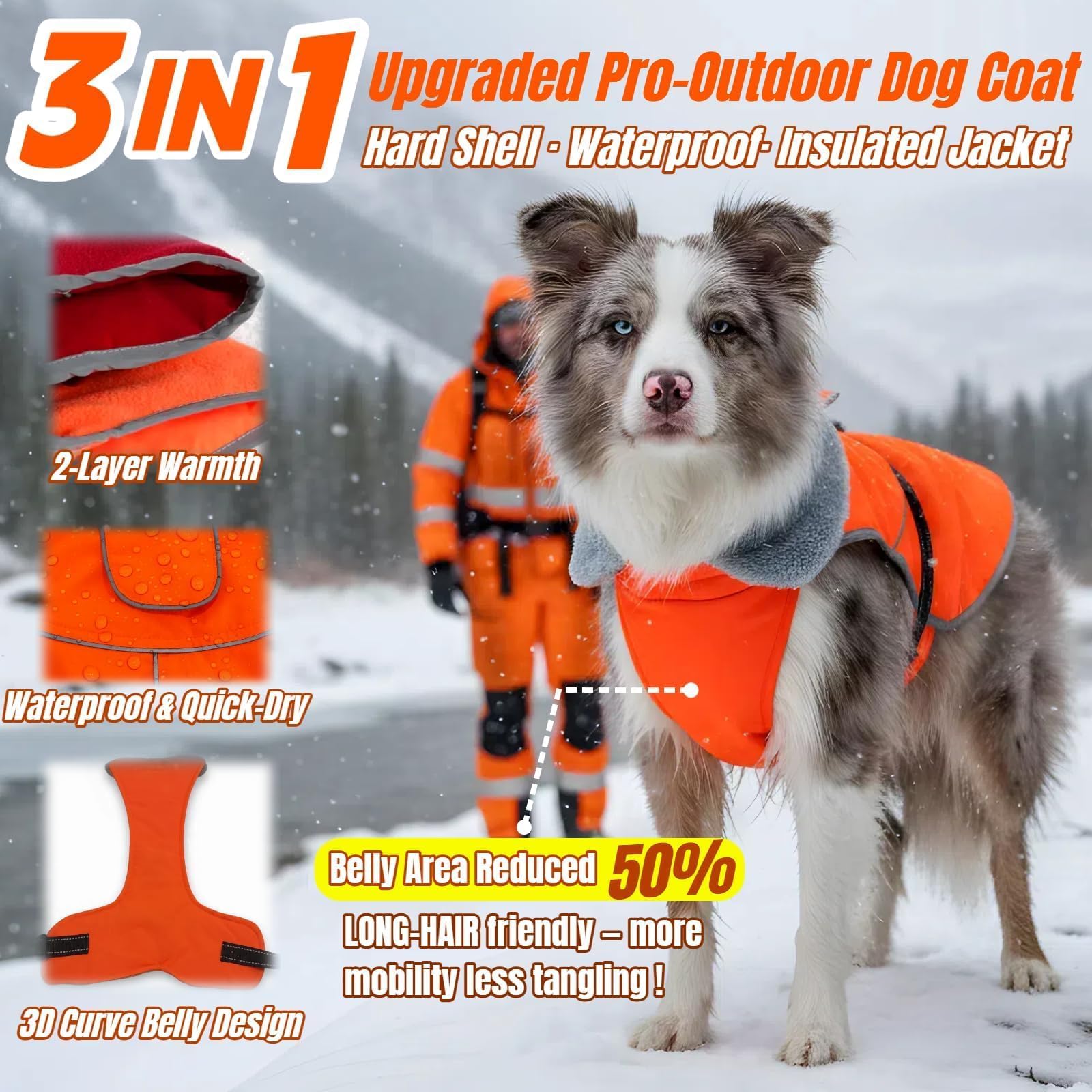 T'CHAQUE dog winter jacket showcases 3D belly design for enhanced mobility.