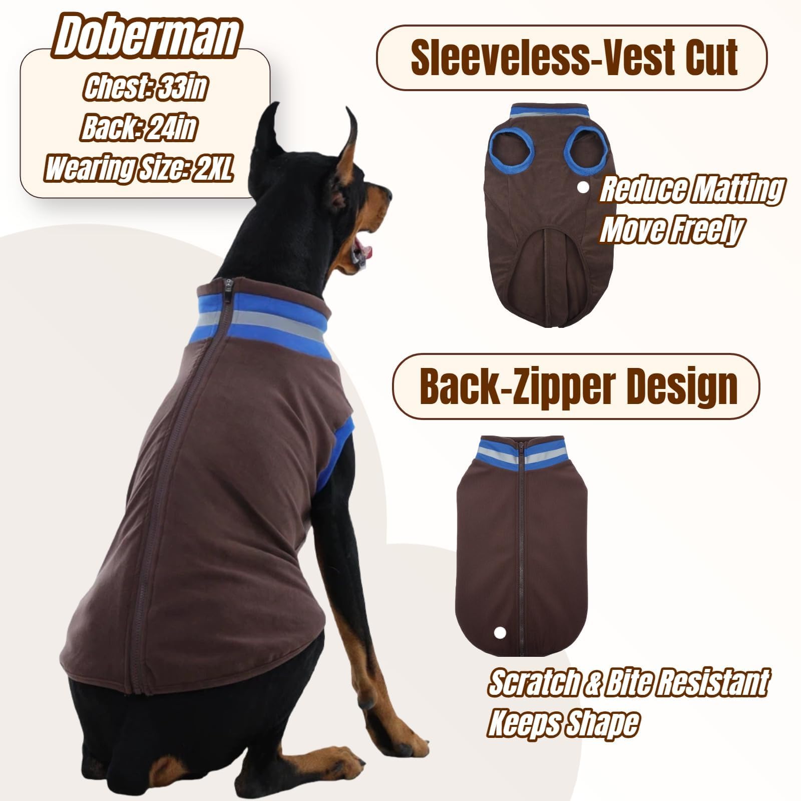 T'CHAQUE sleeveless design on a broad-shouldered dog enabling freer movement.