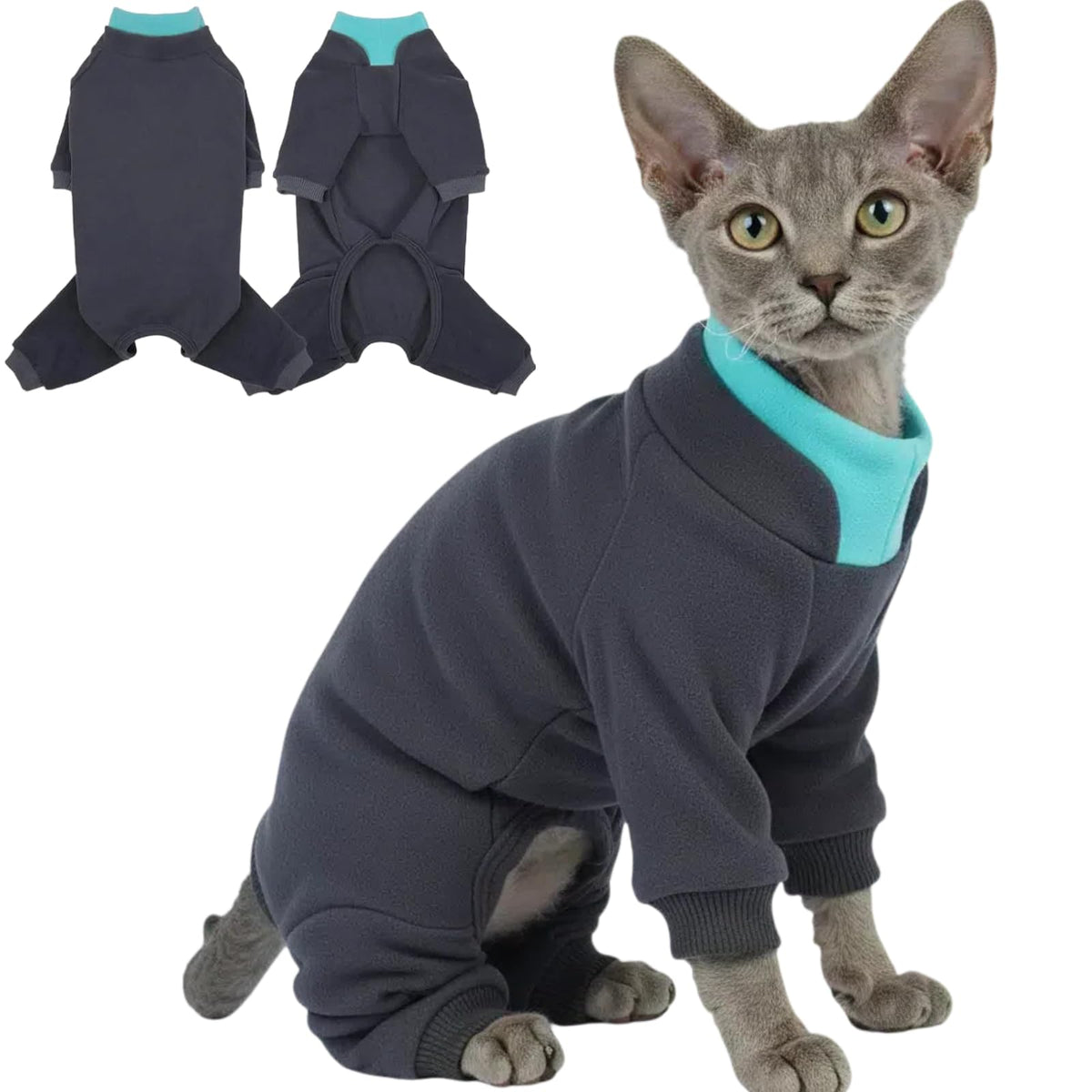 T'CHAQUE Sticky Hair Cat Onesie on cat reduces shedding mess during daily play.