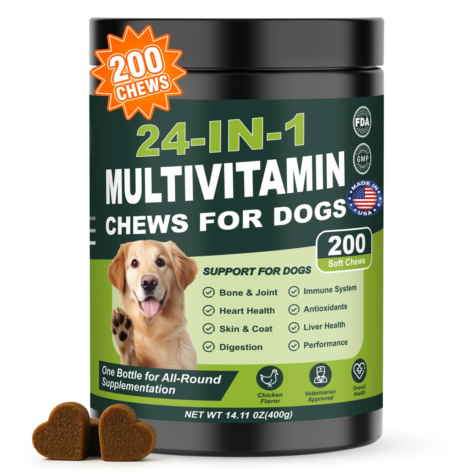 Tciika 24-en-1 para perros, bote de vitaminas para pelaje saludable.