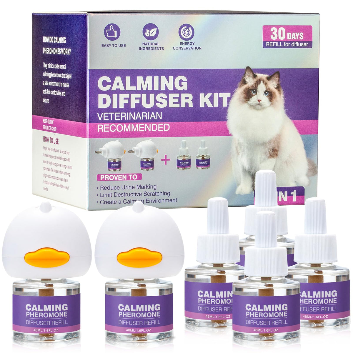 Tcllka cat calming diffuser kit with plugs and bottles promotes steady pheromone release for calmer cats.