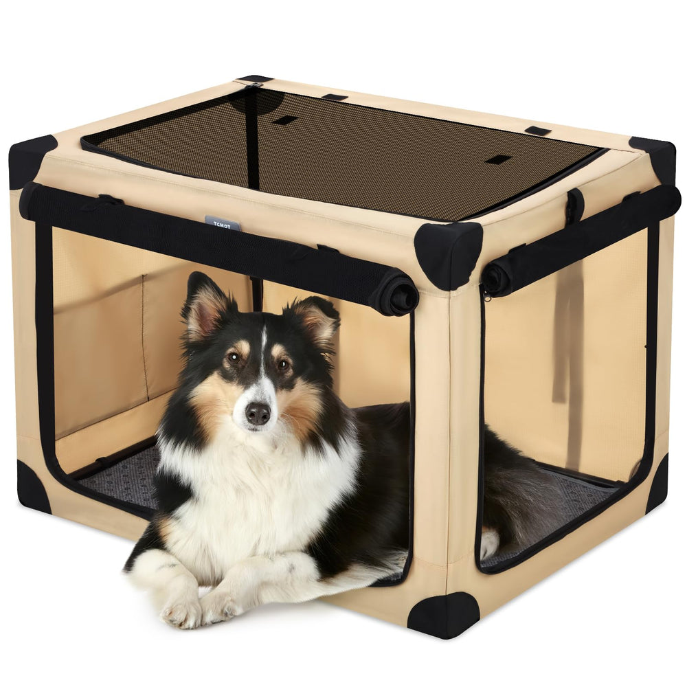 TCMOT 38-inch collapsible travel dog crate assembly shows quick setup and portability