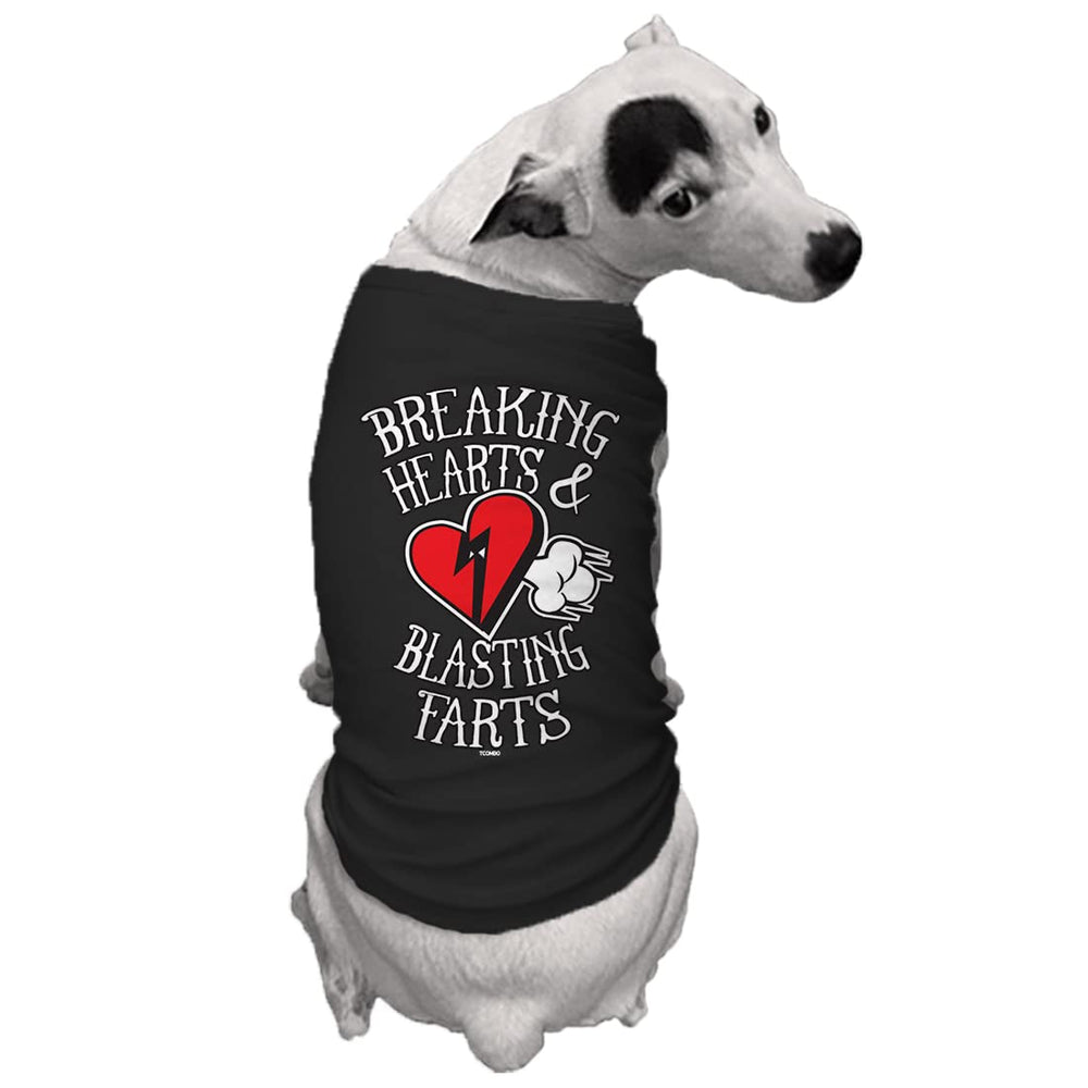 Tcombo Breaking Hearts & Blastings Farts dog shirt back view in black, durable stitching.