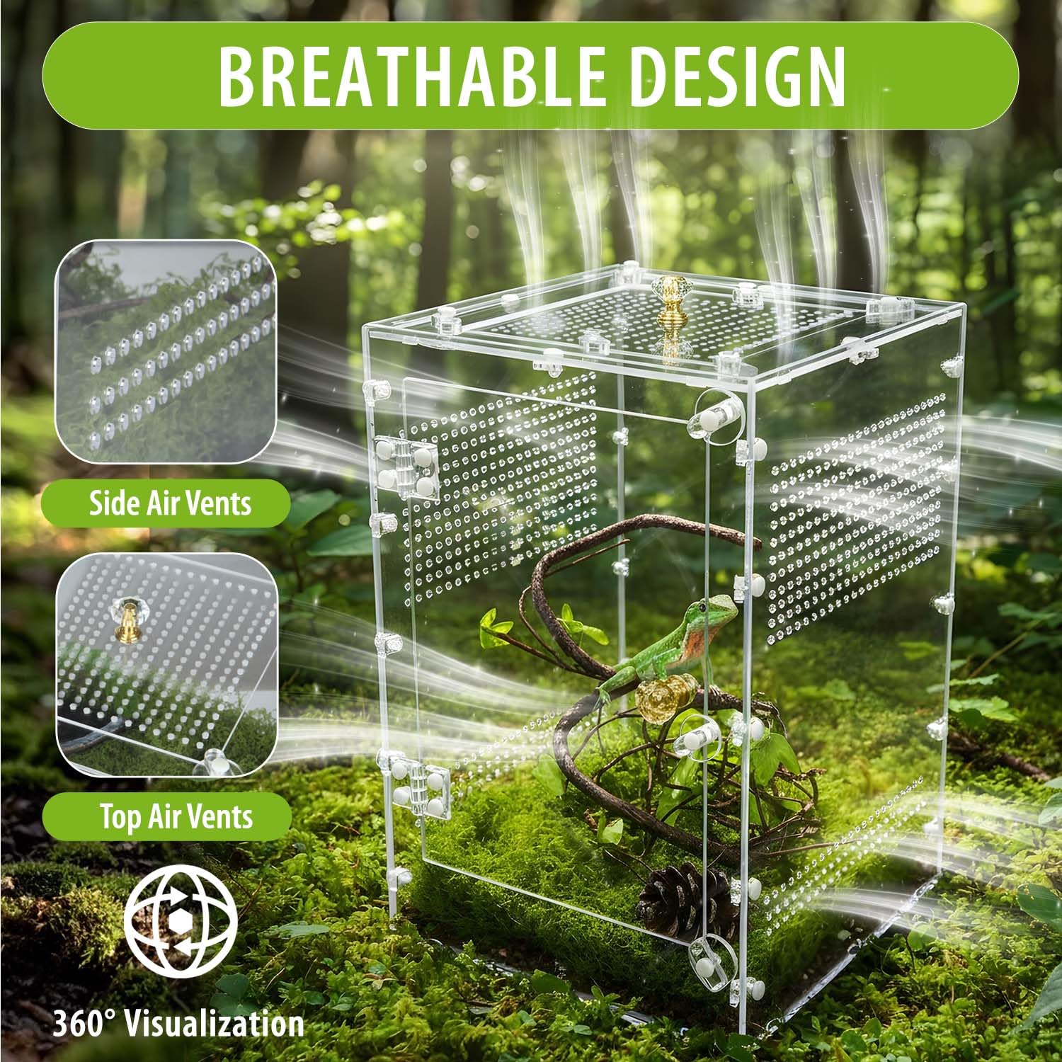 TCooSo Reptile Enclosure vents promote airflow and a comfortable habitat.