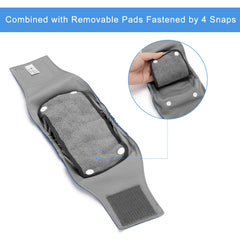 Removable pads inside Teamoy belly bands secured by snaps for easy absorbency customization