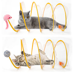 TEASIK 2-Pack Large Cat Tunnel Bed yellow folded for easy storage and portability.