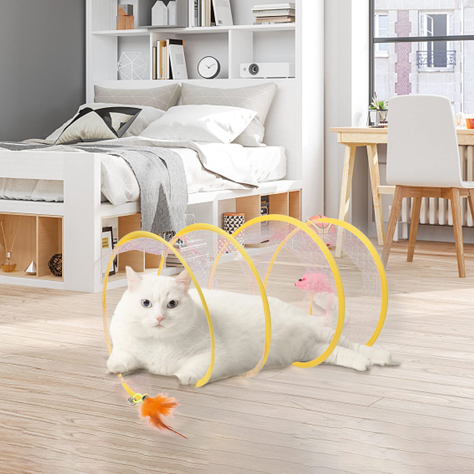 TEASIK cat tunnel bed yellow steel-frame construction offers durable, collapsible portability.
