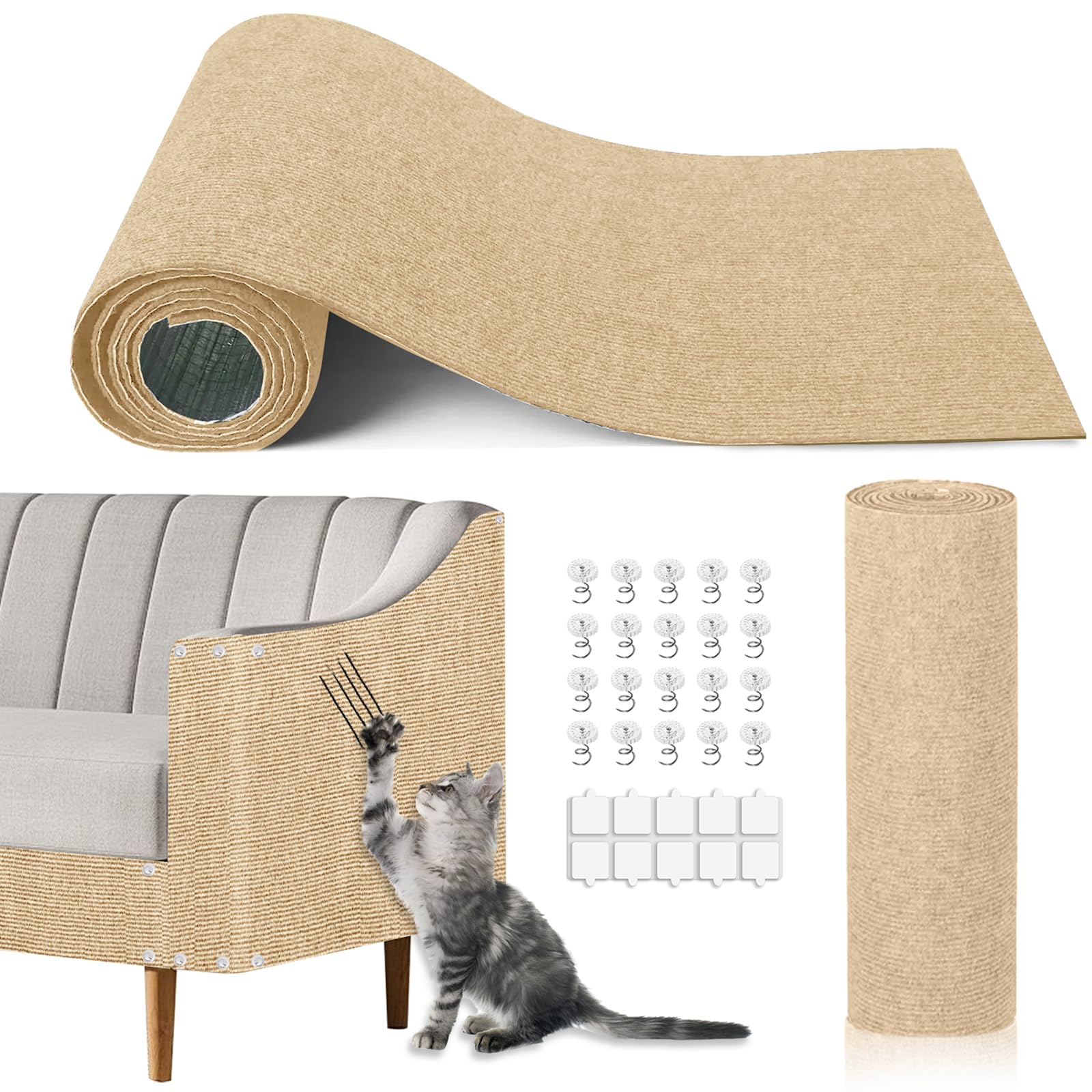 TEBANTY cat scratch mat beige unfolded showing maximum coverage for multiple cats