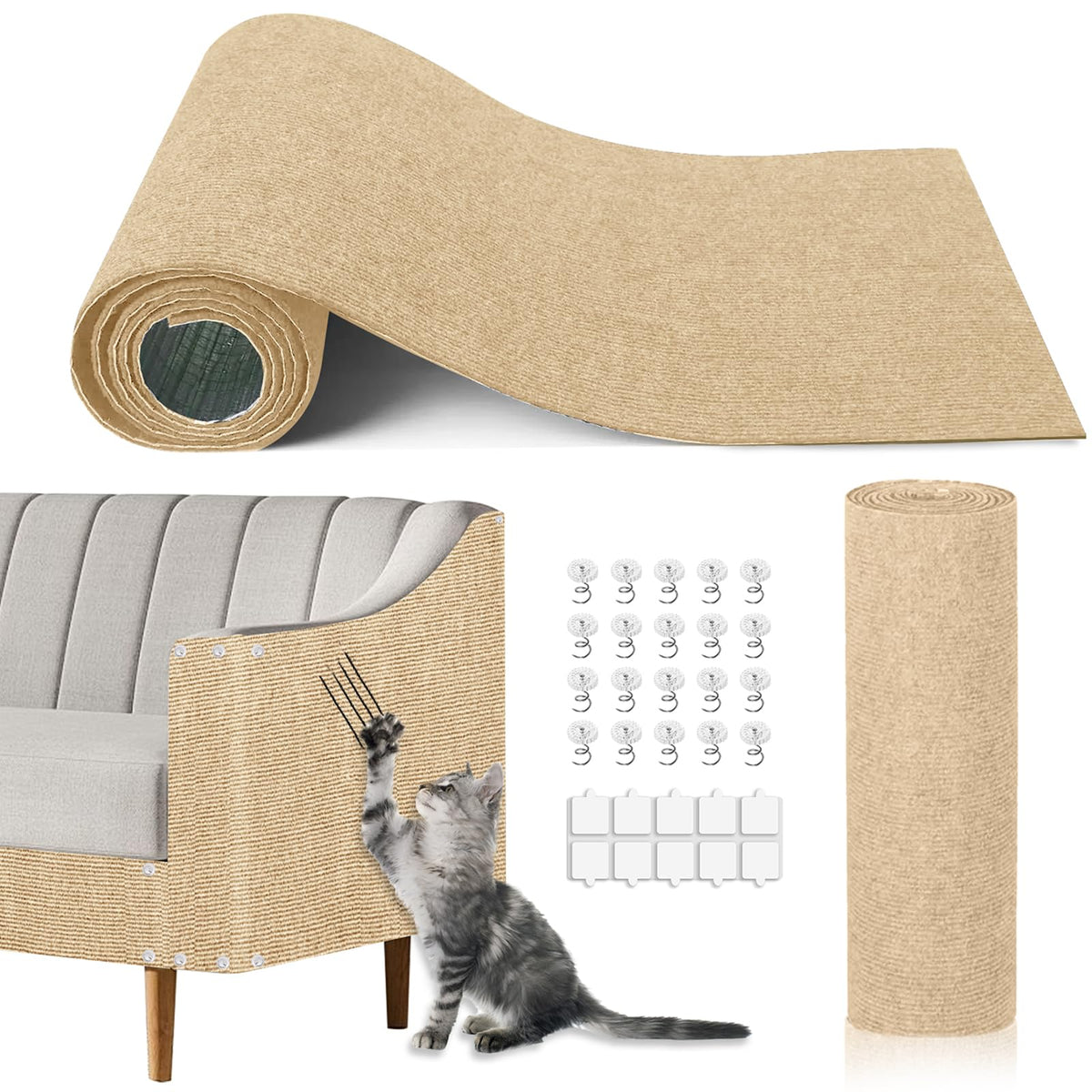TEBANTY cat scratch mat beige unfolded showing maximum coverage for multiple cats