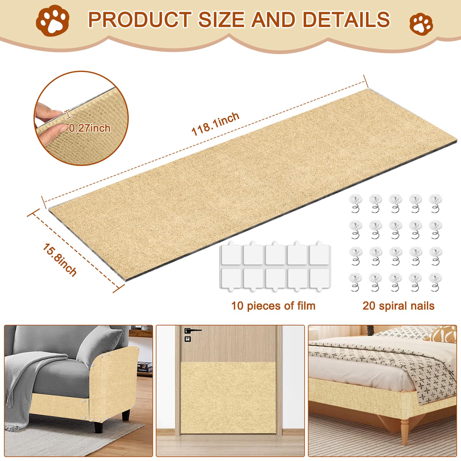 TEBANTY cat scratch mat back with strong self-adhesive backing for secure placement