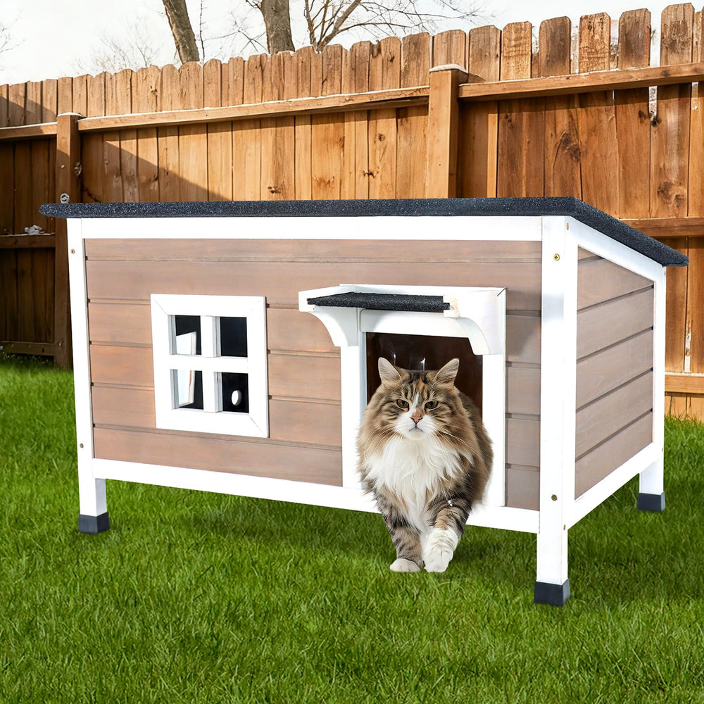 TechTail durable wood construction shows weatherproof outdoor cat shelter.