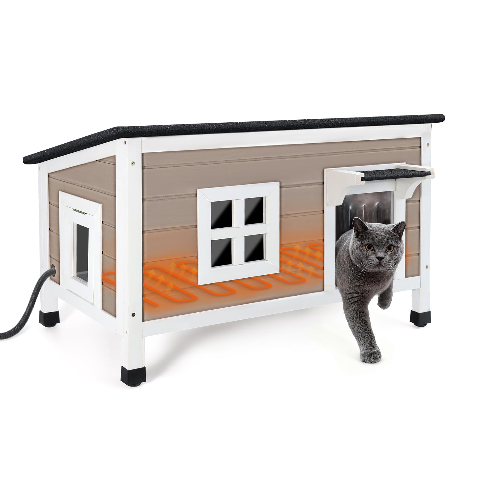 TechTail extra-large heated cat house front view, cozy winter shelter for multiple cats.
