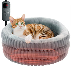 TechTail heated cat bed round donut exterior cozying a cat on a cold day.