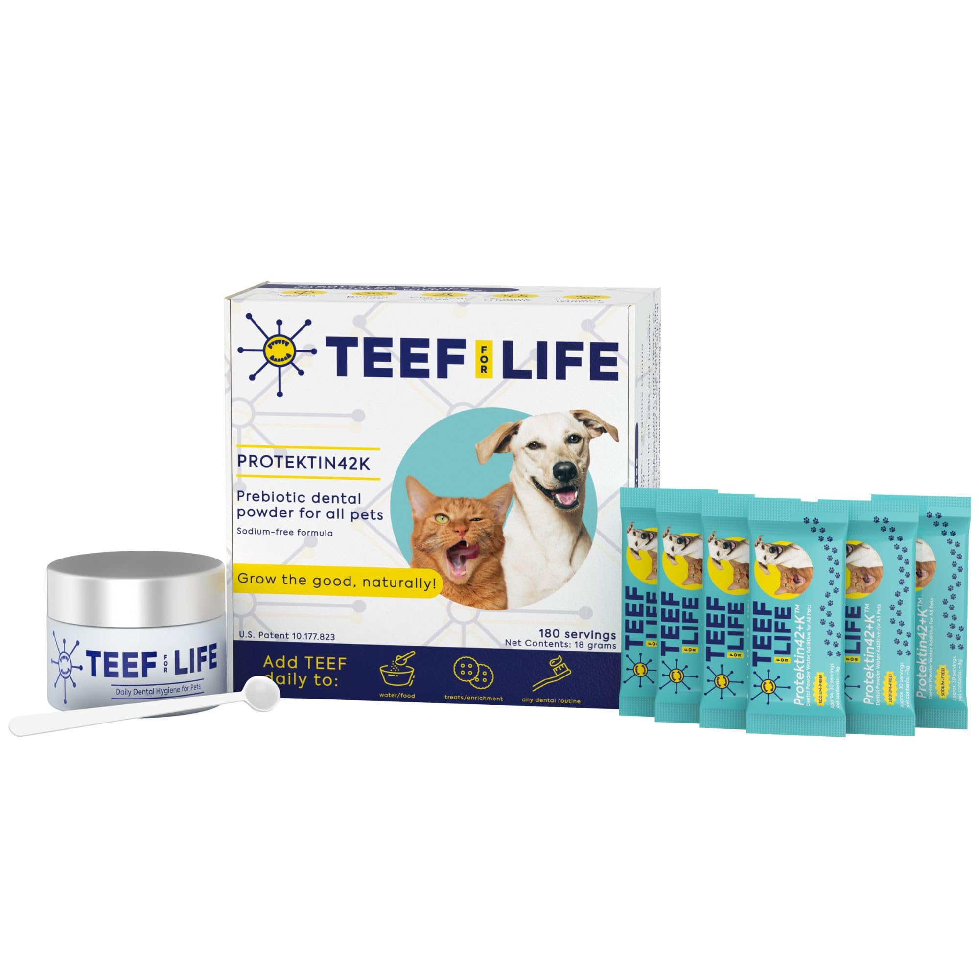 TEEF FOR LIFE Protektin42K powder tub front shows plant-derived pet dental care.
