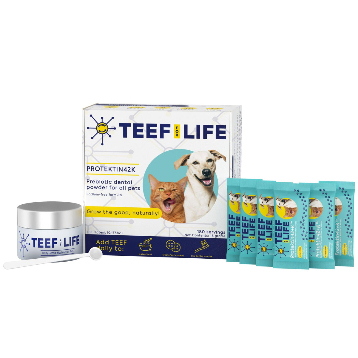 TEEF FOR LIFE Protektin42K powder tub front shows plant-derived pet dental care.