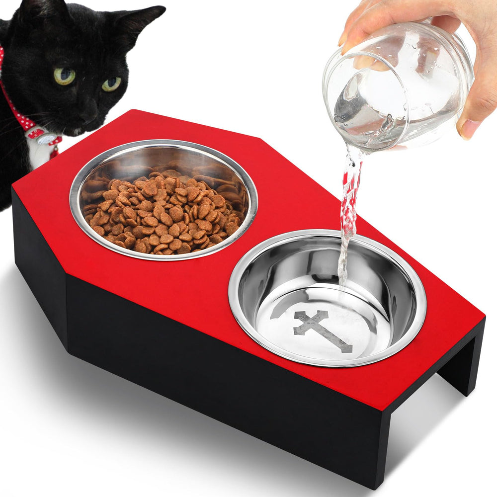Teenyyou Gothic Cat Bowl wooden coffin stand enhances indoor decor and pet dining.