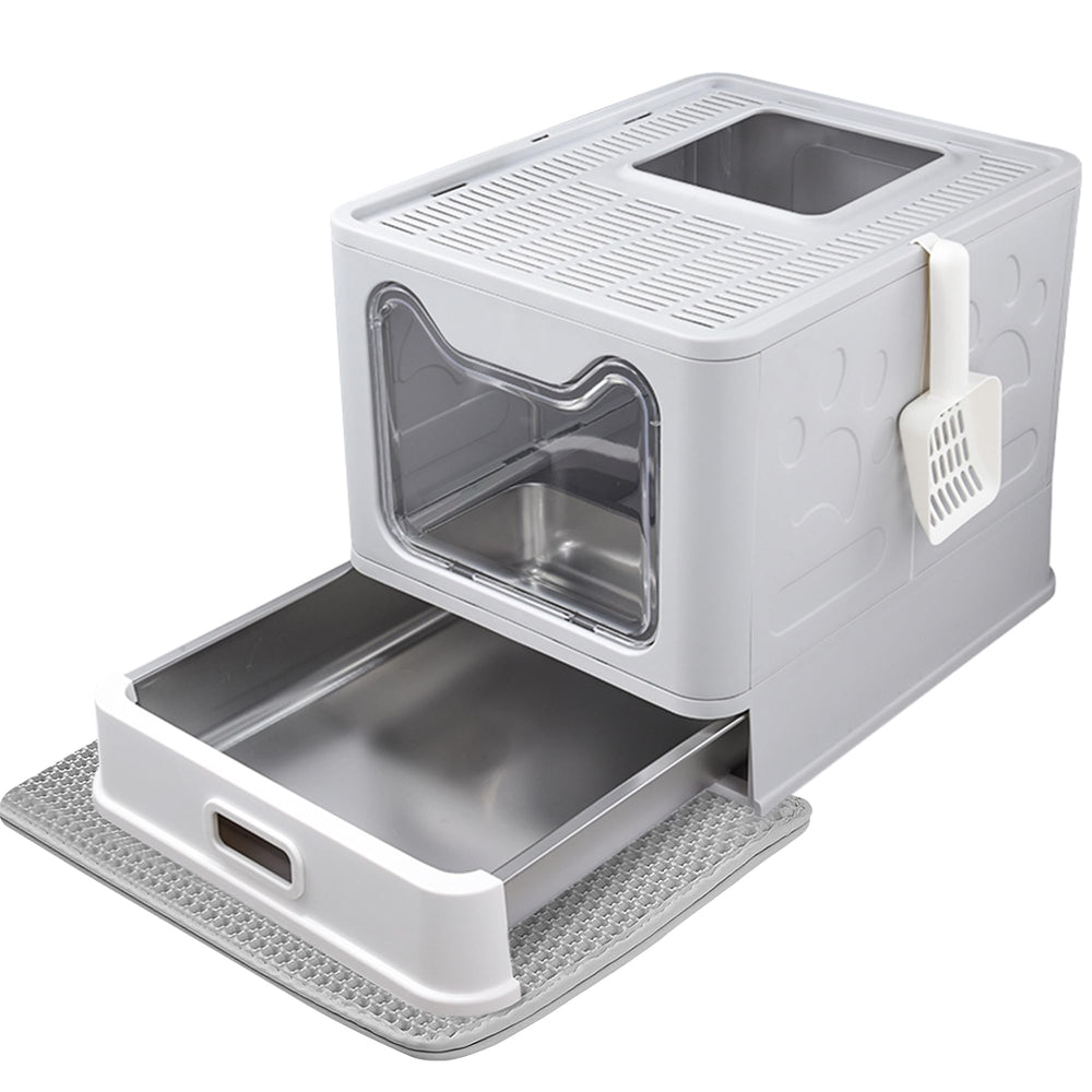 Tehoao enclosed cat litter box front-entry view showing spill containment for tidy daily spaces.