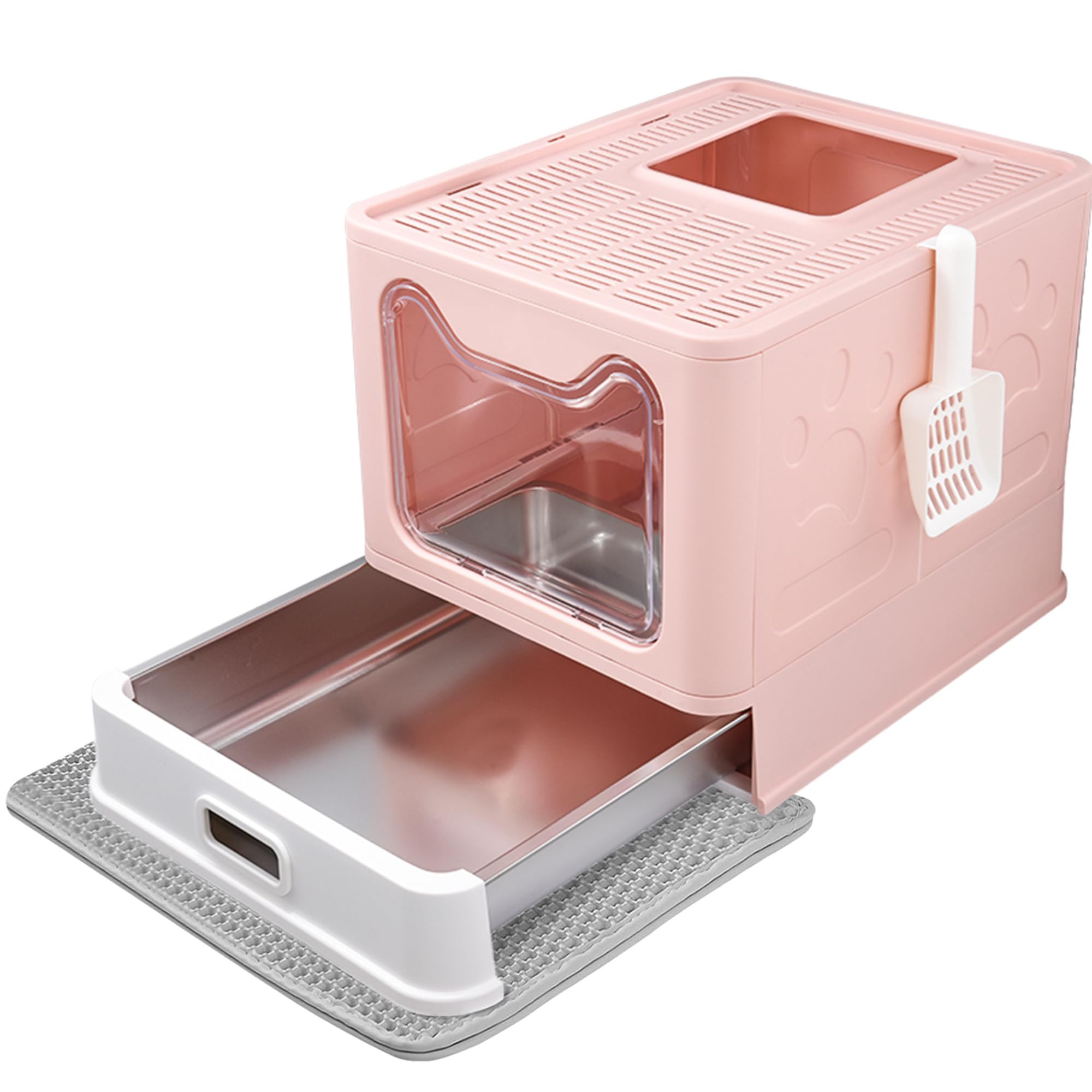 Tehoao enclosed cat litter box front entry reduces spills and keeps floors clean.