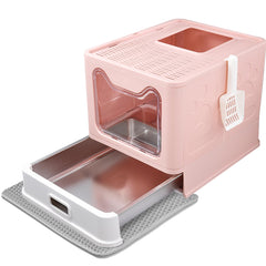 Tehoao enclosed cat litter box front entry reduces spills and keeps floors clean.