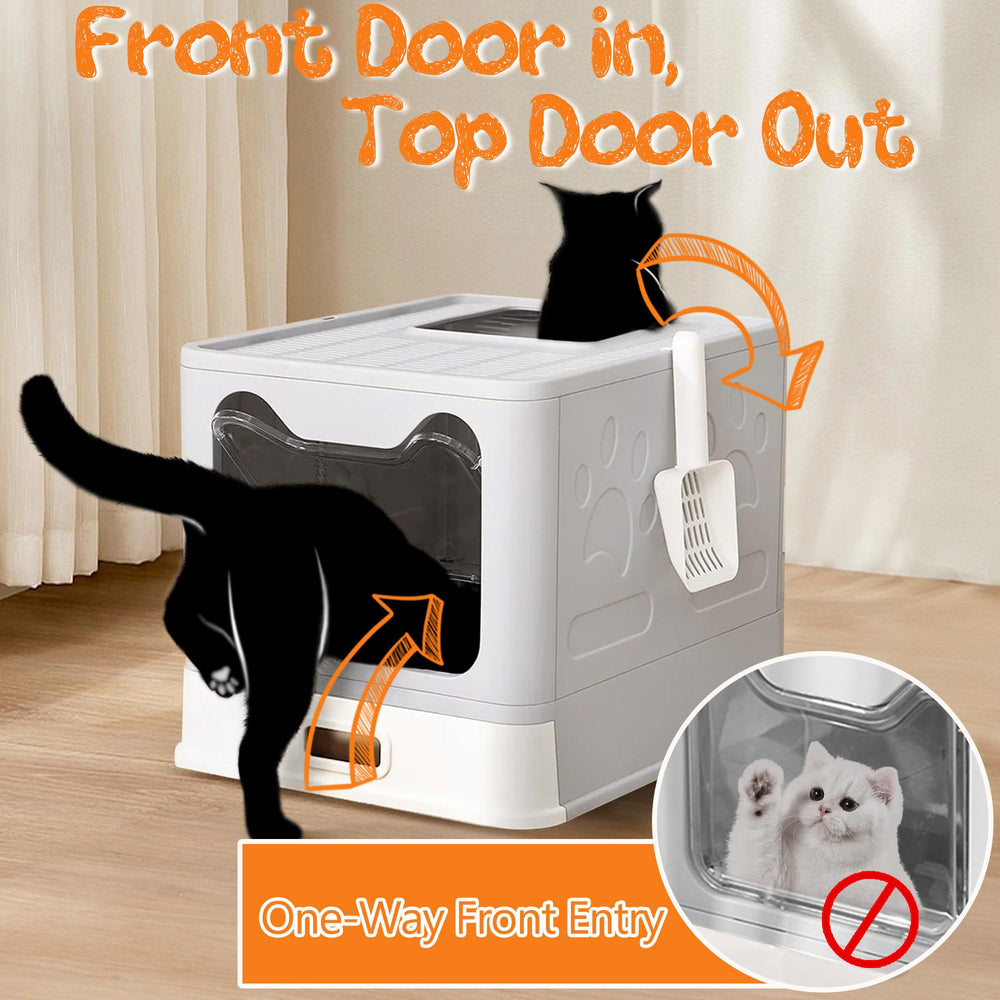Tehoao enclosed cat litter box top-exit design reducing mess as cats exit.