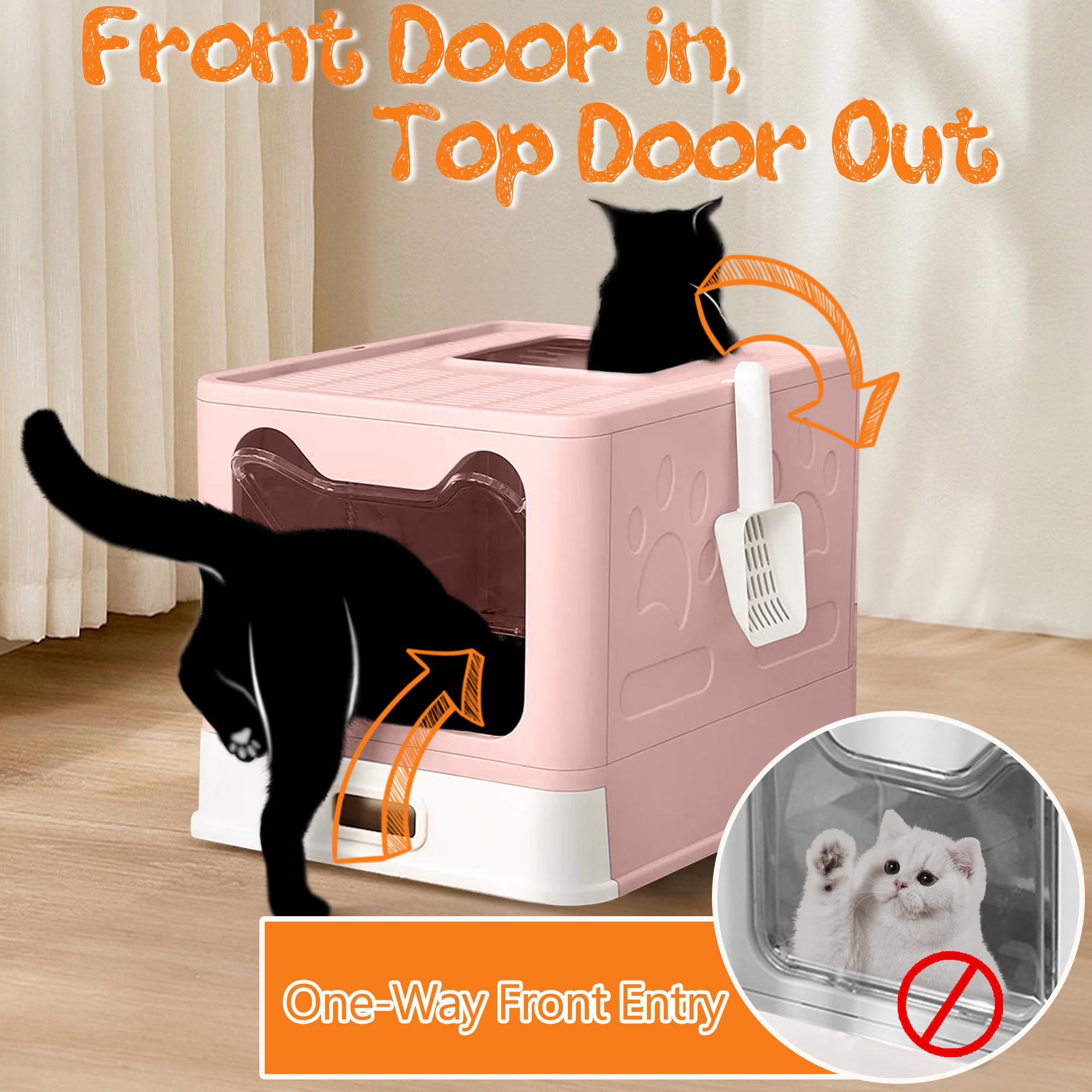 Tehoao enclosed cat litter box top exit highlights easy exit with less tracking.
