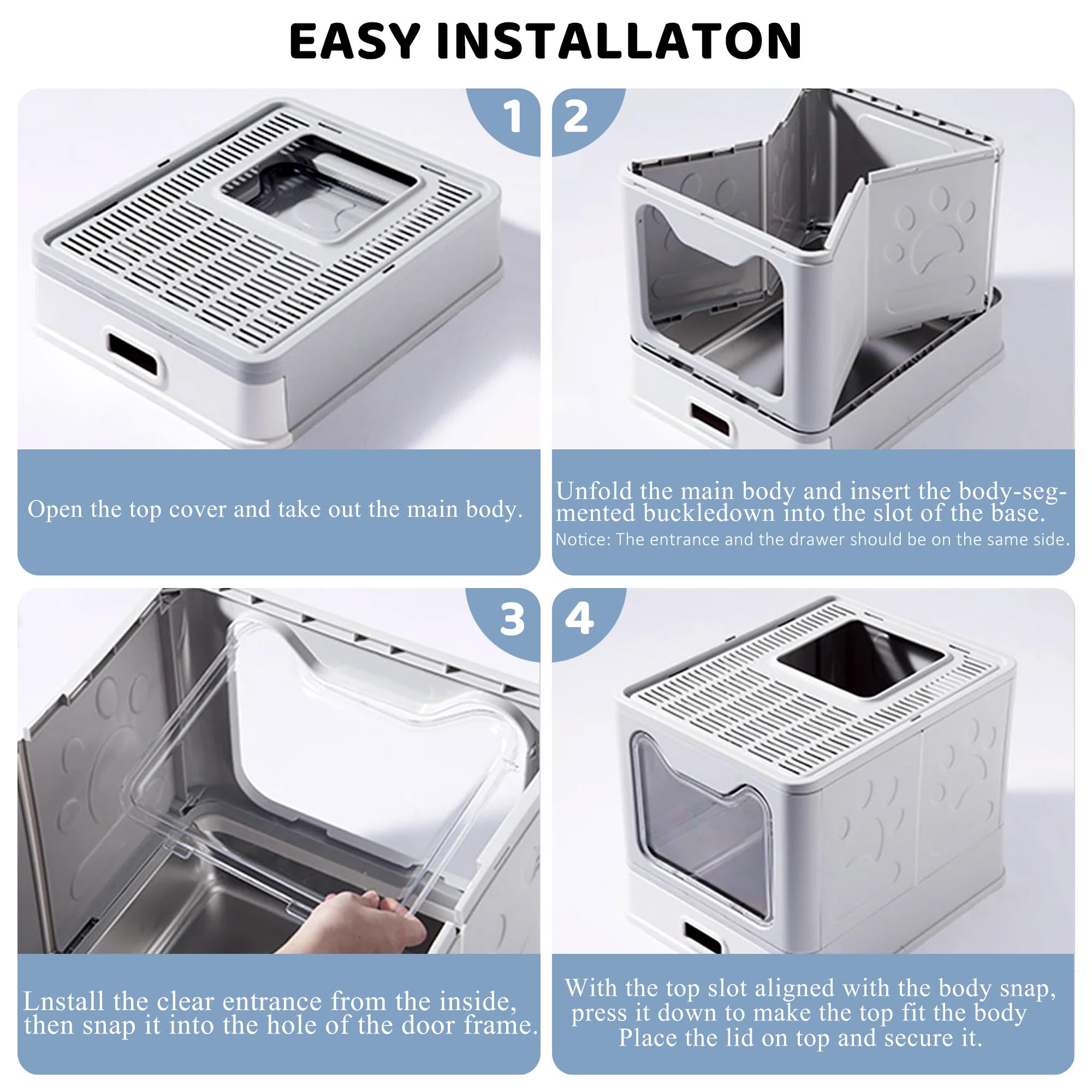 Tehoao foldable litter box with safety buckle shows easy setup and compact storage.