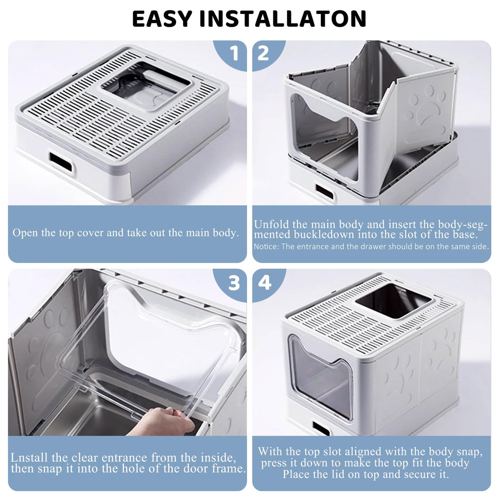 Tehoao foldable litter box with safety buckle shows easy setup and compact storage.