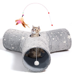 Tempcore cat tunnel with three tunnels glows after light exposure for extended indoor playtime.