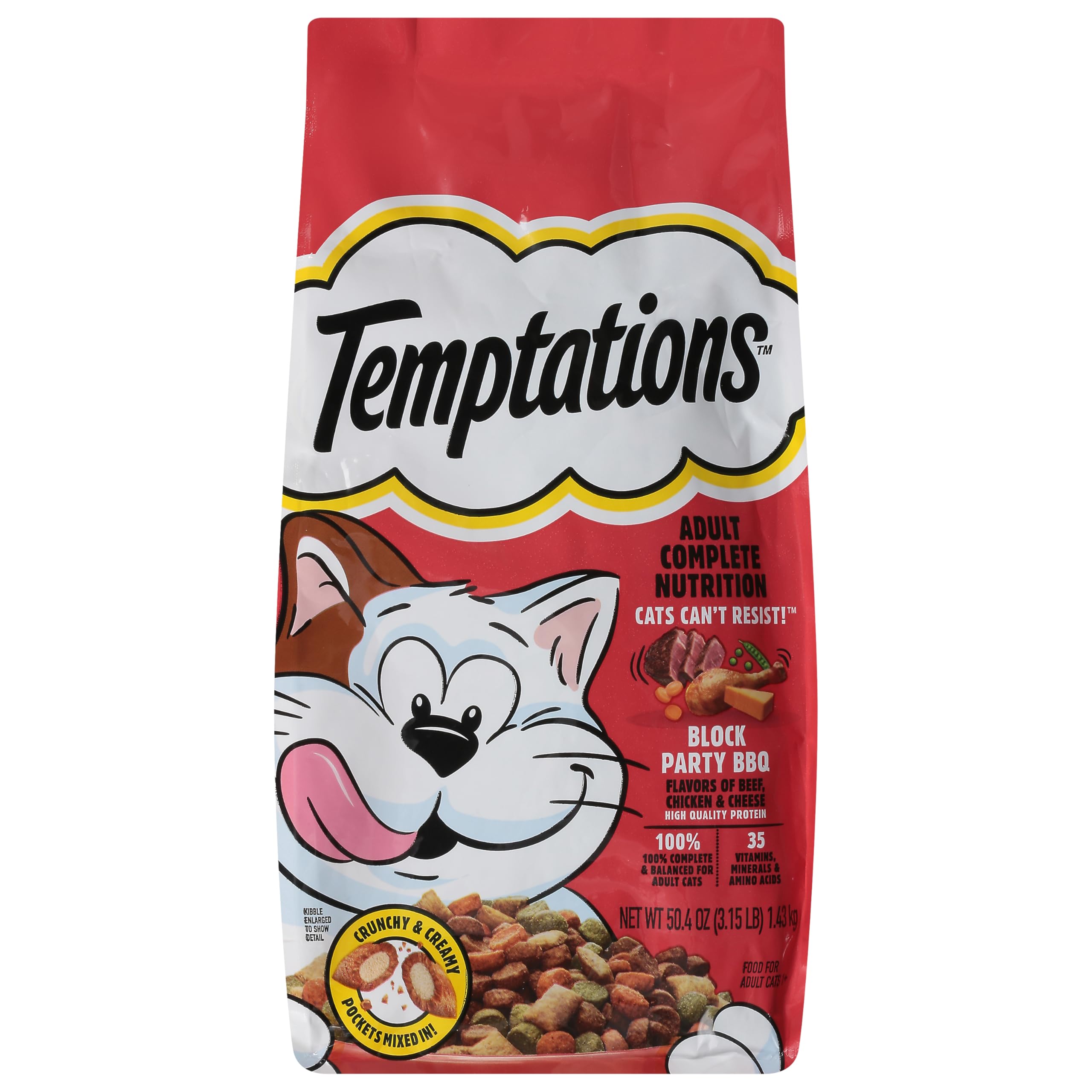 Temptations adult complete nutrition cat food Block Party BBQ bag for everyday flavor.