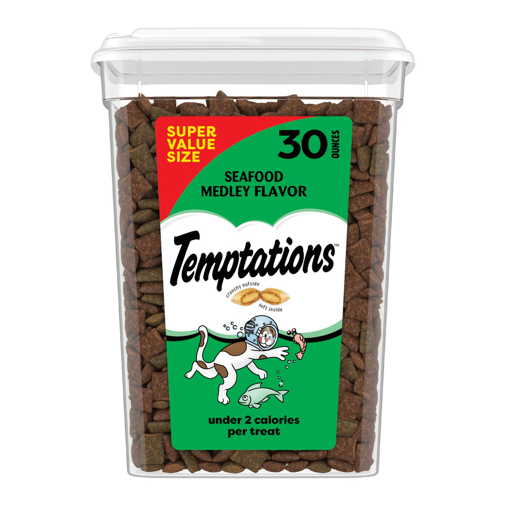 Temptations Classic Crunchy and Soft Cat Treats Seafood Medley tub front highlighting texture variety for rewarding cats.