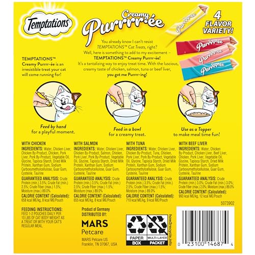 Temptations Creamy Puree beef-liver tube close-up, irresistible flavor for interactive licking.