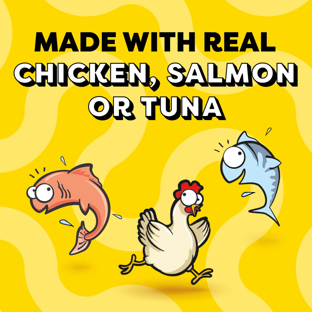 Temptations Creamy Puree salmon-tube close-up, savory fish flavor appeals to cats.