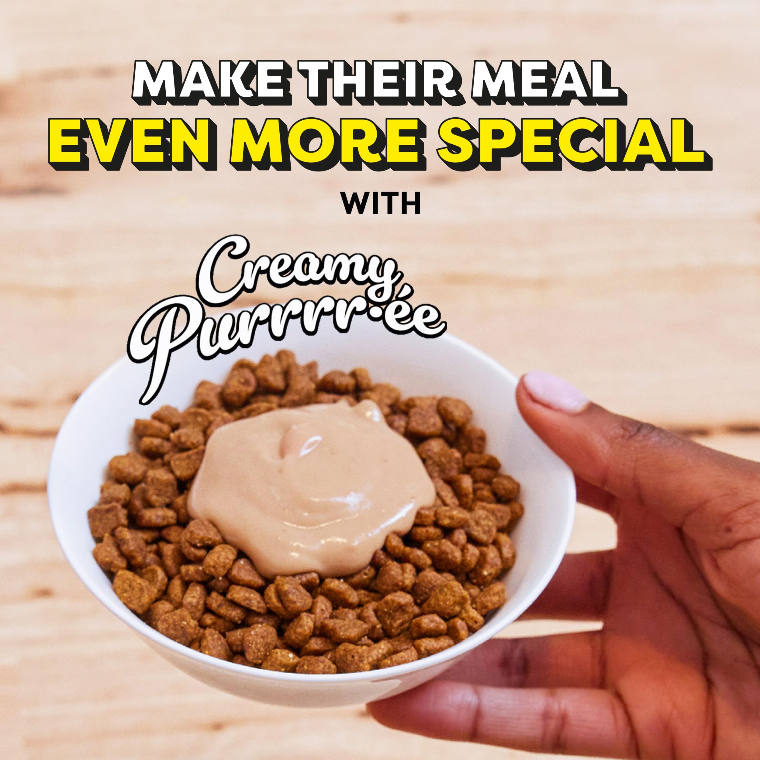 Temptations Creamy Puree serving in bowl, toppers add flavor to meals.