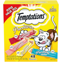 Temptations Creamy Puree variety-pack front view, bulk cat treats for daily snacking.