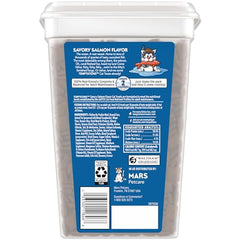 Temptations salmon flavor treats tub side view showcases stay-fresh storage convenience.