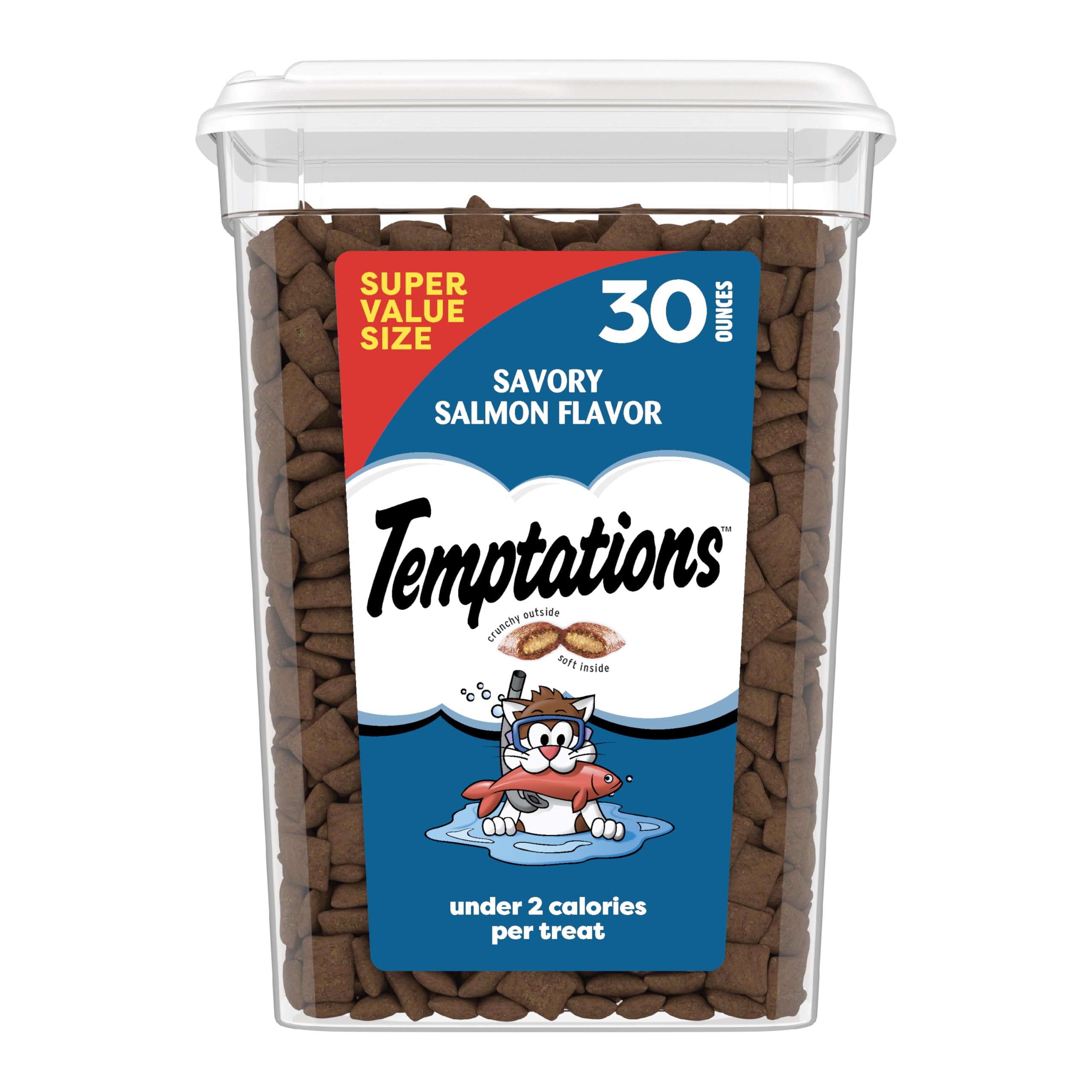 Temptations salmon-flavor treats close-up with crunchy exterior and soft interior for rewards.