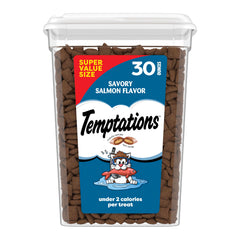 Temptations salmon-flavor treats close-up with crunchy exterior and soft interior for rewards.