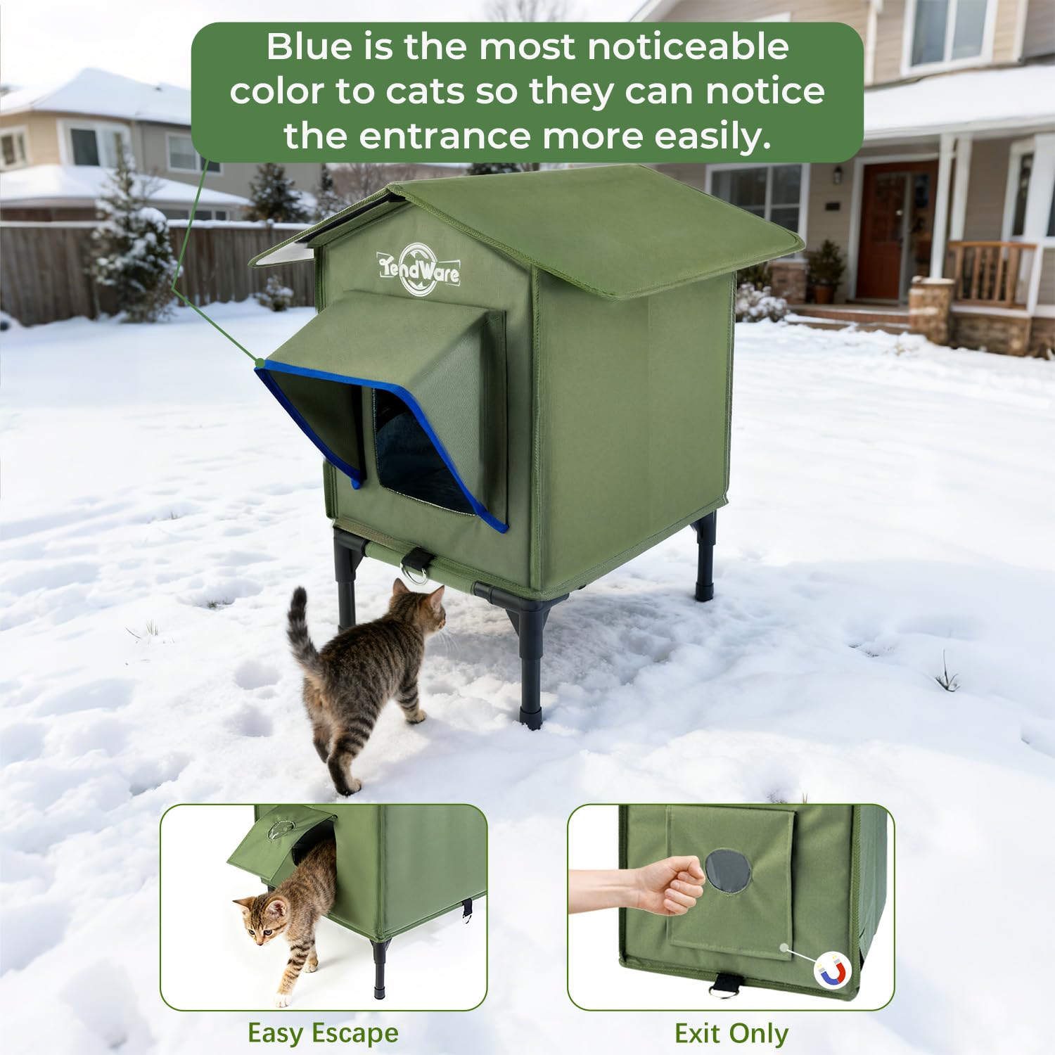 TENDWARE waterproof-fabric shelter shields feral cats from rain and snow.