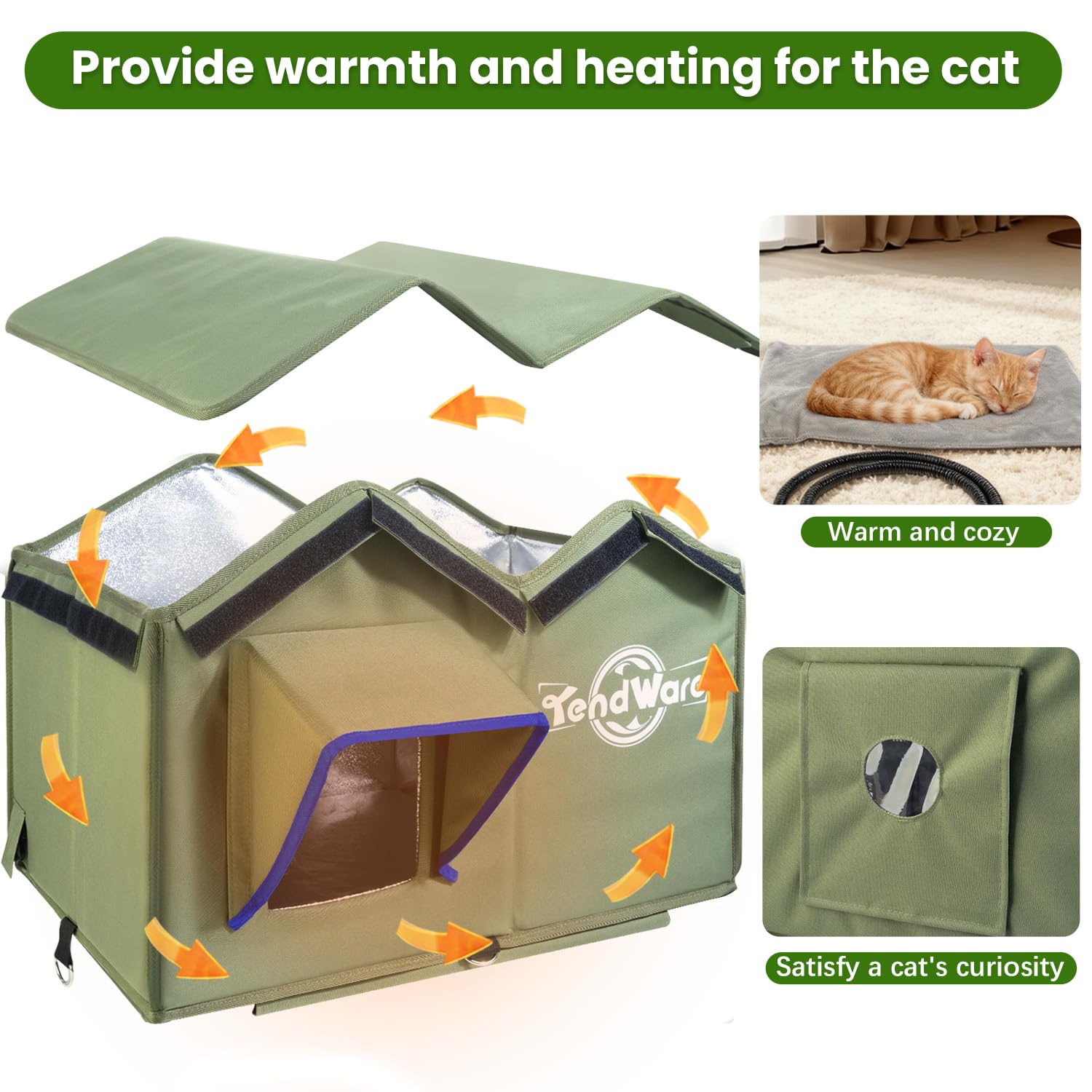 TENDWARE outdoor cat house blue edge entrance attracts attention while shielding from wind.