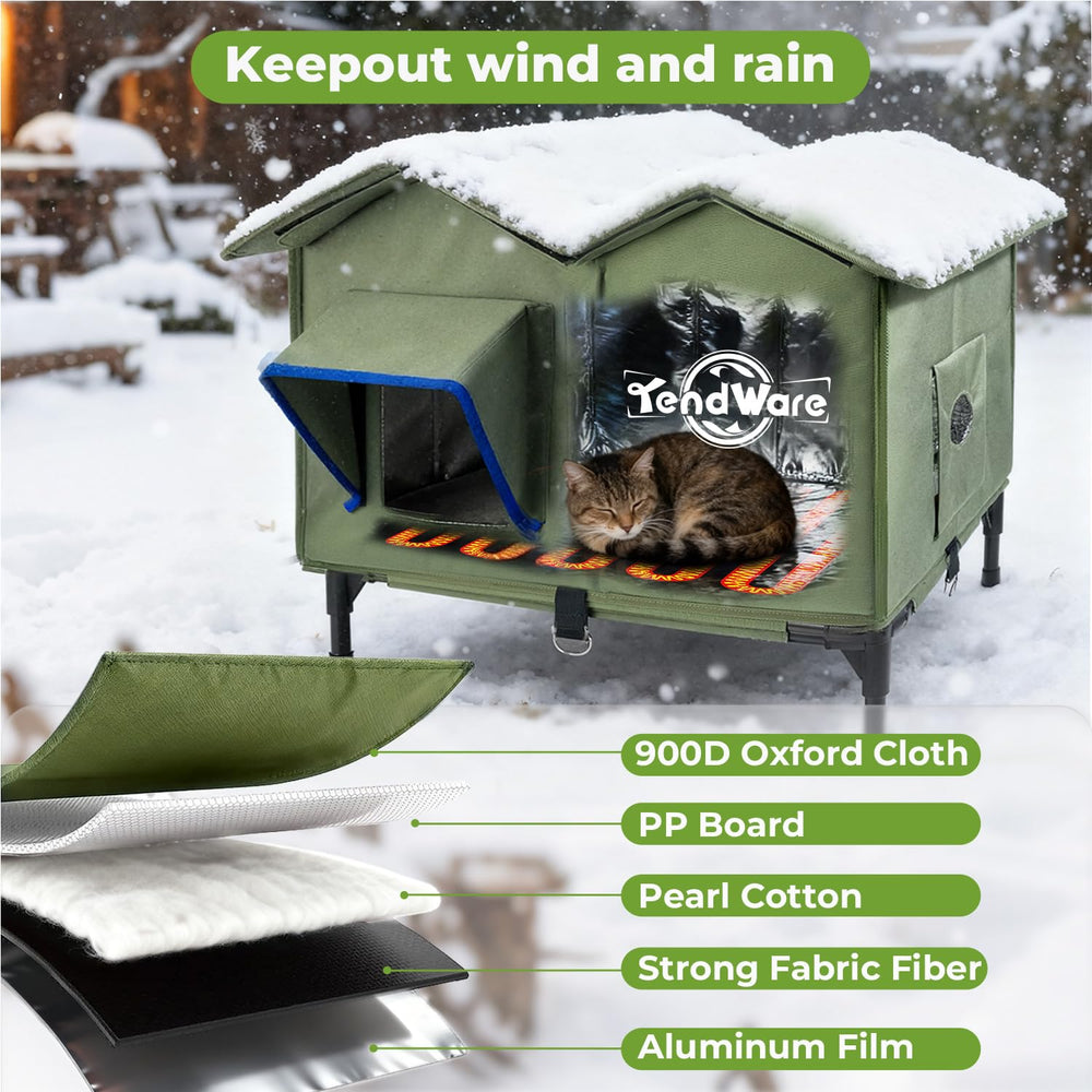 TENDWARE outdoor cat house dual-door flaps reduce drafts and improve insulation.