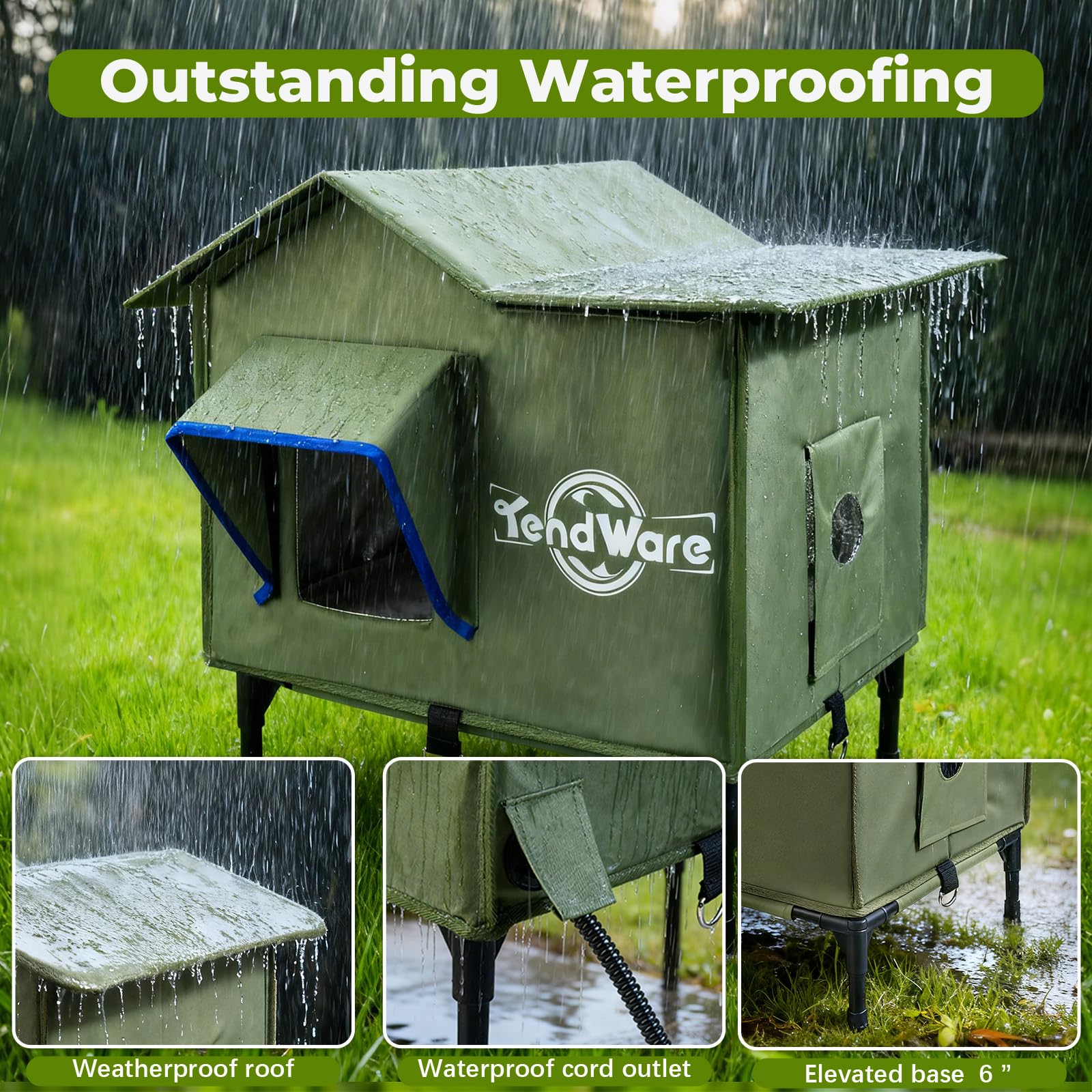 TENDWARE elevated-base design keeps the cat dry and insulated from wet ground.
