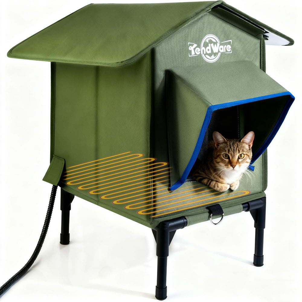TENDWARE outdoor cat house elevated-base keeps cats dry and protected from ground moisture.