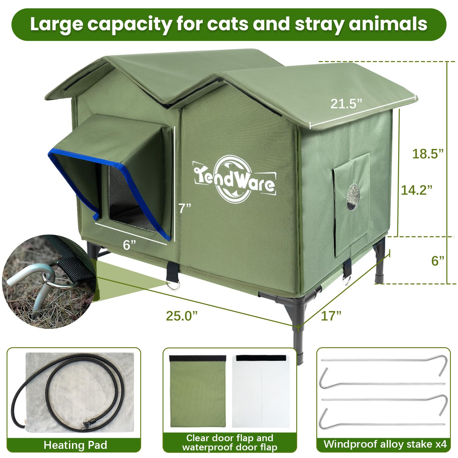 TENDWARE outdoor cat house triangular roof provides extra space and easier cleaning.
