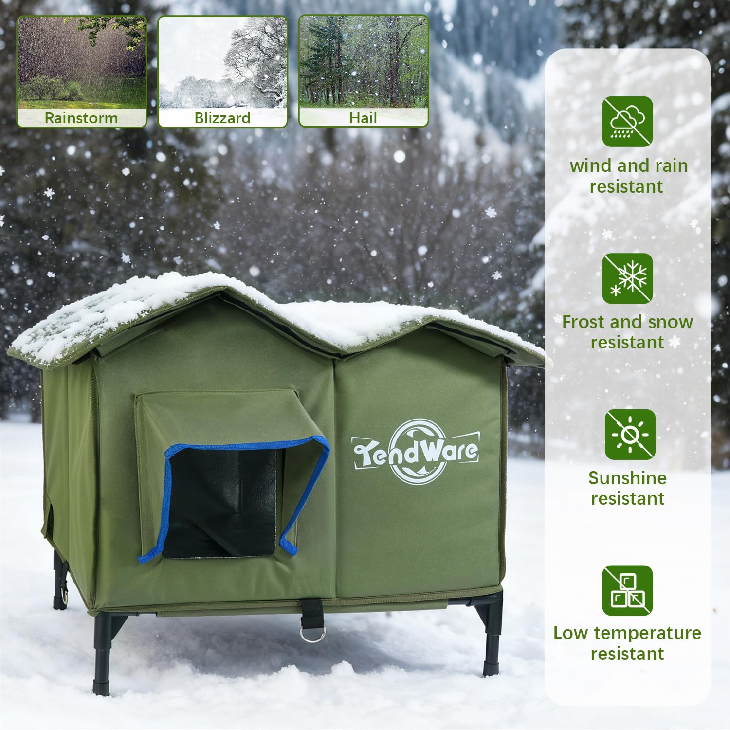 TENDWARE outdoor cat house waterproof materials resist rain and keep interior cozy.