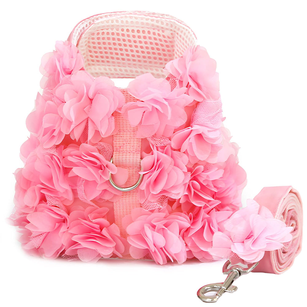 TENGZHI pink lace floral harness close-up showing 3D flowers for stylish small-pet outings.