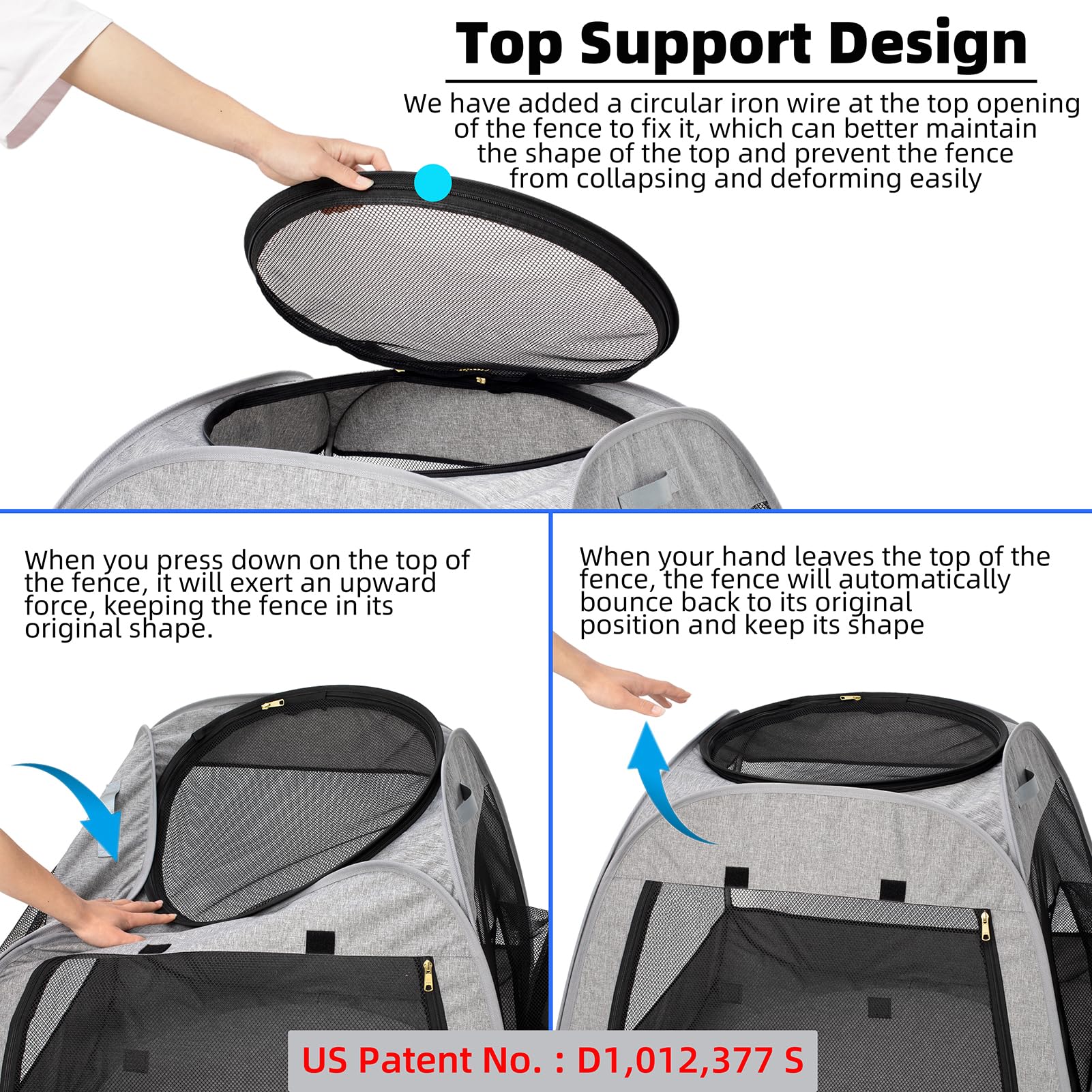 Tenrai Portable Cat Playpen top zipper access for easy water and toy placement.