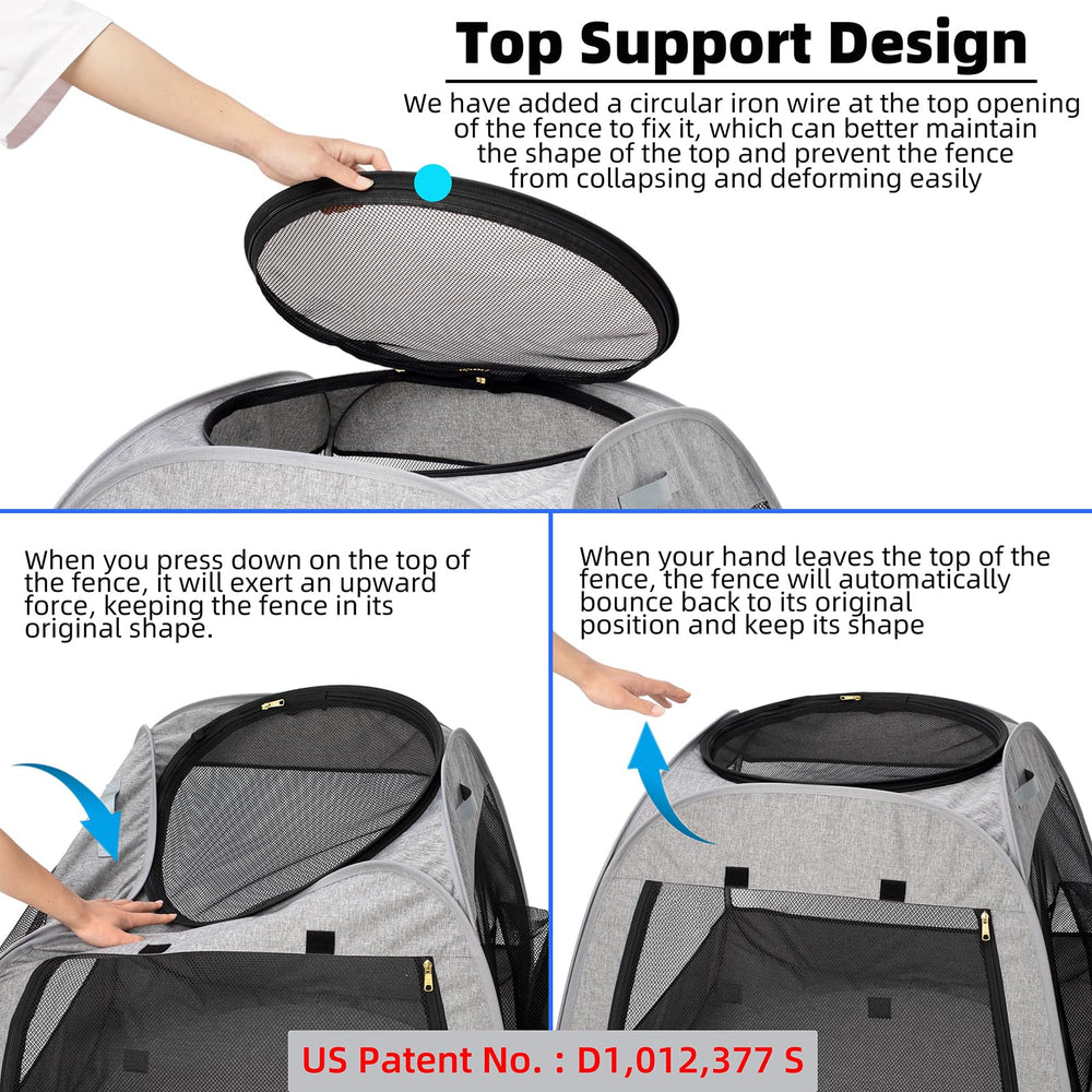 Tenrai Portable Cat Playpen top zipper access for easy water and toy placement.