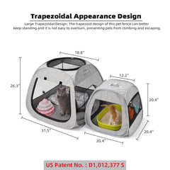 Tenrai Portable Cat Playpen trapezoid design shown for upright stability during play.
