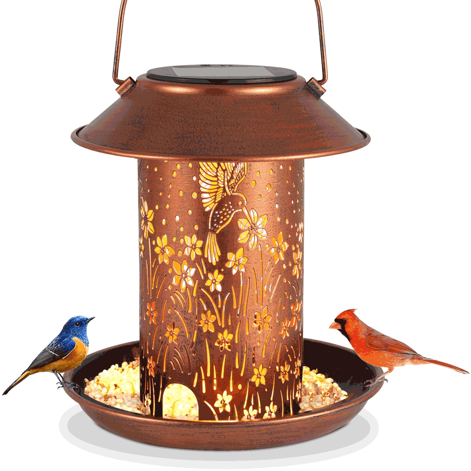 Tepaken Christmas bird feeder solar lantern glowing at dusk attracts hummingbirds to your garden.